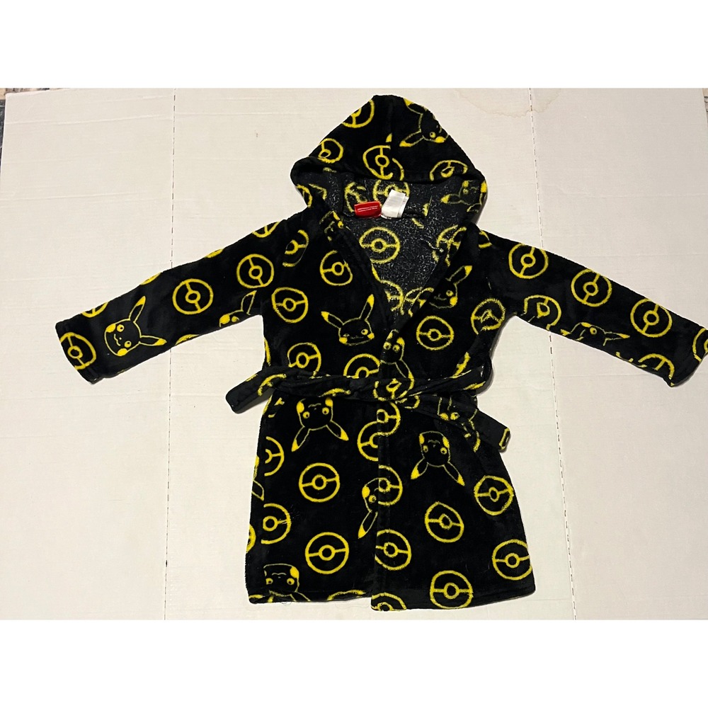 Pokemon Pikachu Poké Ball Fleece Hooded Bath Robe Kids Boys Size 6 Black Yellow